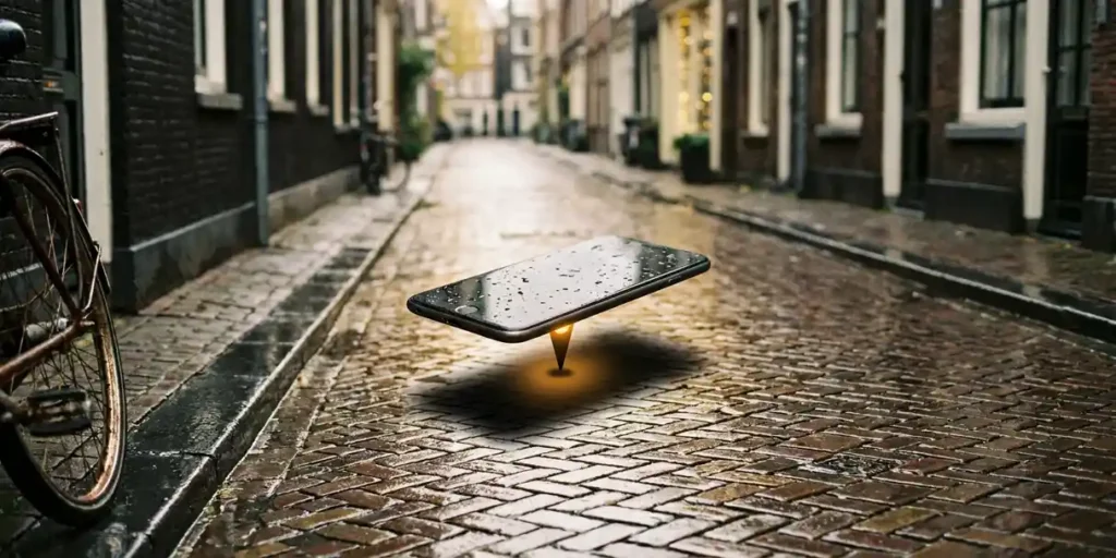 Smartphone op natte kinderkopjes in Amsterdam met gloeiende locatiespeld, smalle gracht en Hollandse gevels op de achtergrond.