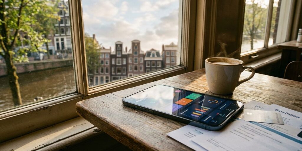 Smartphone met kleurrijke analysegrafieken op houten cafétafel in Amsterdam, met koffie en zakelijke documenten