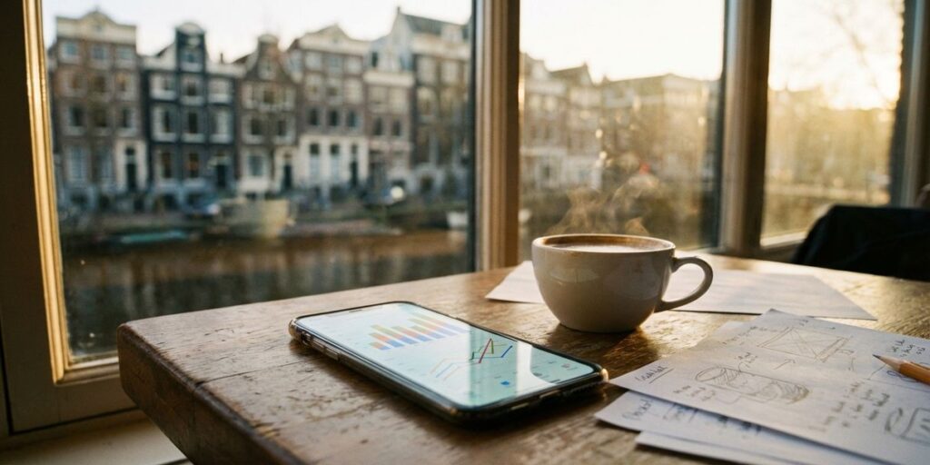 Smartphone met kleurrijke analytics grafieken op houten cafétafel, Amsterdam grachtenhuizen op achtergrond, koffie en papieren