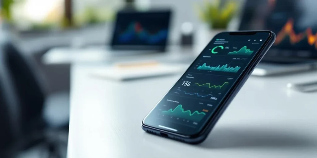 Smartphone met kleurrijke analytics-dashboards op wit bureau in modern Nederlands kantoor met natuurlijke verlichting