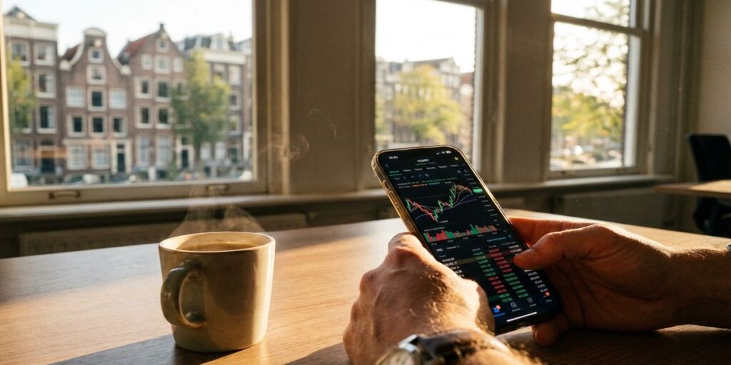Smartphone met gloeiende analytics en grafieken op houten bureau naast koffiekop, Amsterdam kantooromgeving op achtergrond
