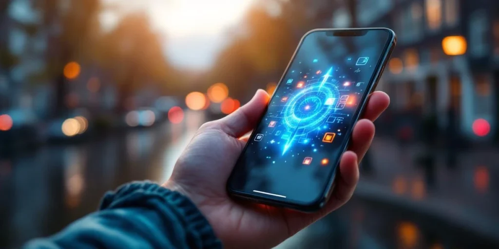 Moderne smartphone met kleurrijke holografische app-advertenties zwevend boven scherm, Amsterdam grachten op achtergrond