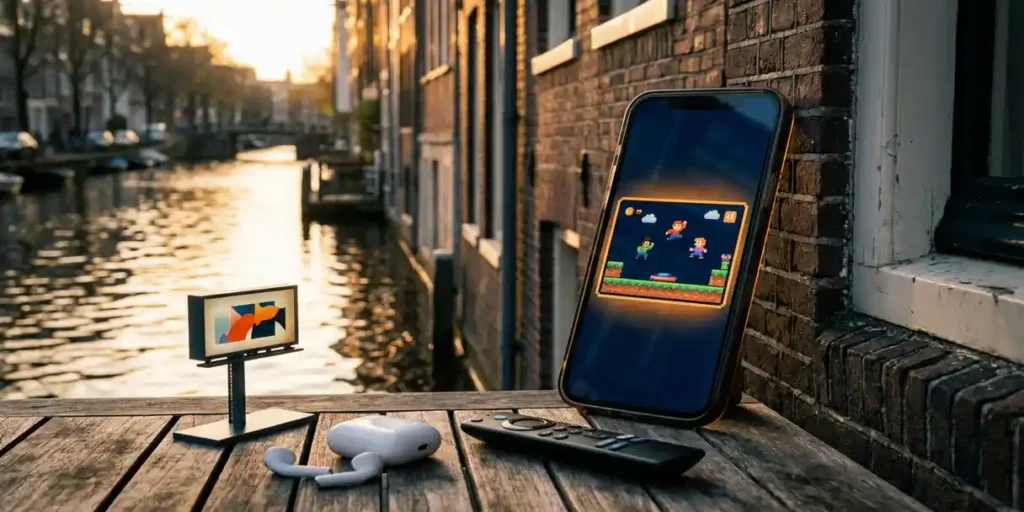 Smartphone met branded mini-game tegen Amsterdamse grachtenpanden, omringd door billboard-, oordopjes- en tv-remote-props in warm middaglicht.