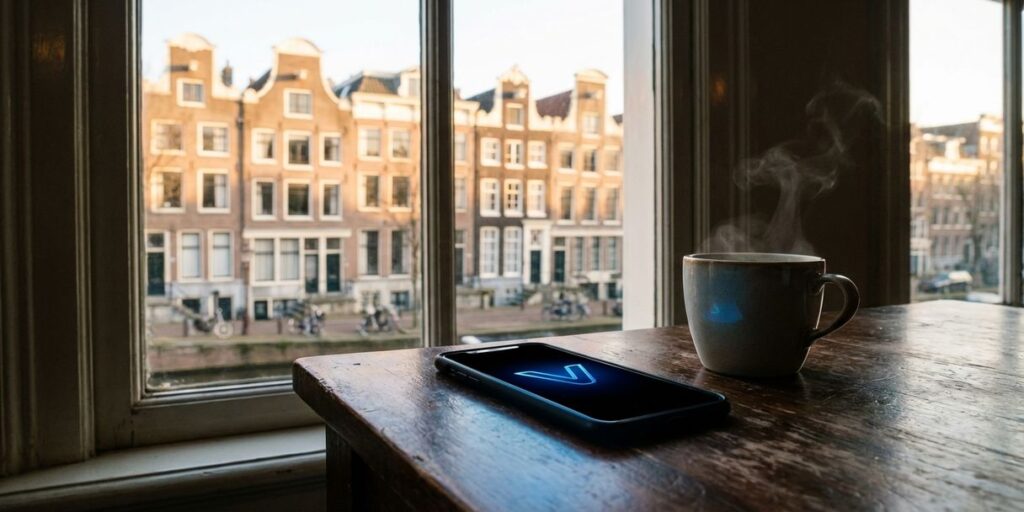 Smartphone met gloeiend logo op houten tafel naast koffie, Amsterdamse grachtenhuizen op achtergrond door raam