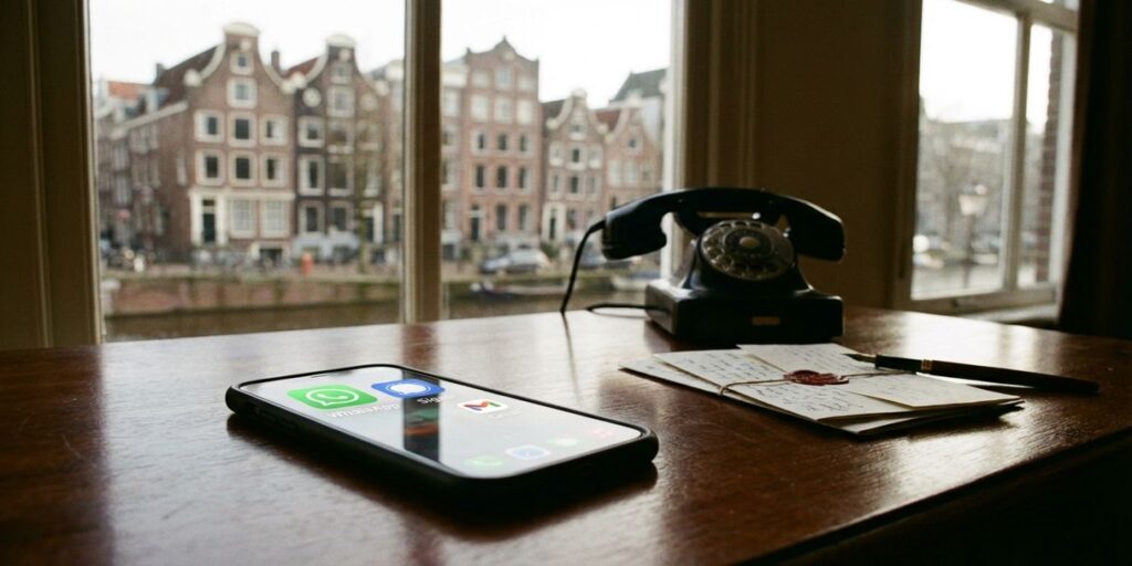 Smartphone met communicatie-apps op houten bureau naast vintage telefoon en brieven, Amsterdam grachten op achtergrond