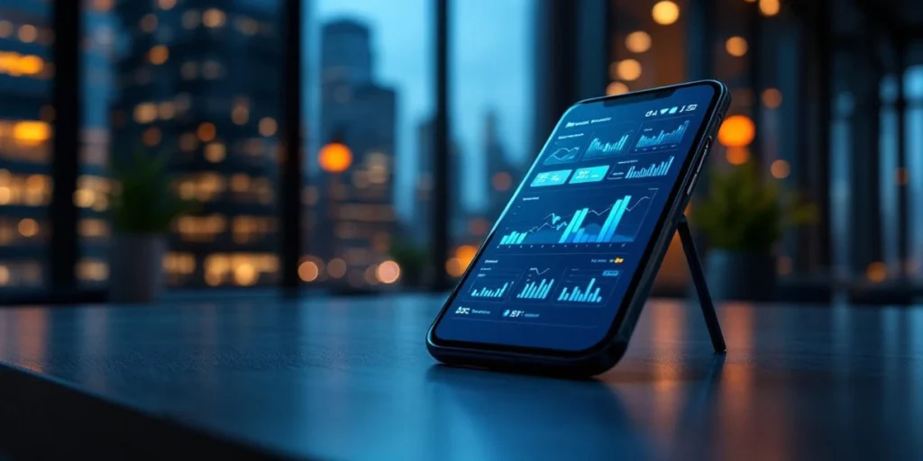 Smartphone toont real-time data dashboards met blauwe en groene grafieken op modern bureau in Nederlands mediabureau kantoor
