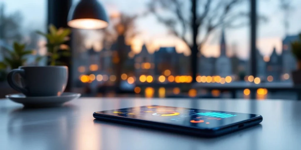 Smartphone met kleurrijke datagrafieken op wit bureau in Nederlands kantoor met Amsterdamse grachtenhuizen op achtergrond