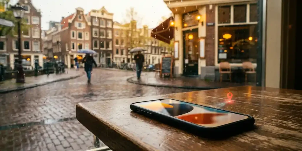 Smartphone met digitale advertentie op een cafétafel in een Amsterdamse gracht, natte kinderkopjes en smalle bakstenen gevels op de achtergrond.