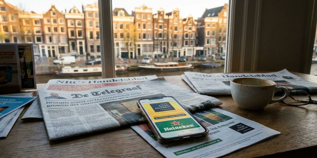 Smartphone met digitale advertenties op Nederlandse kranten, Amsterdamse grachtenhuizen op achtergrond, werkplek marketeer