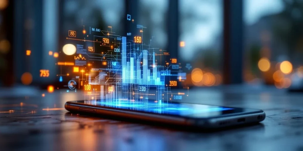 Smartphone op kantoorbureau toont digitale advertentie met holografische biedingsdata, Amsterdam grachten op achtergrond