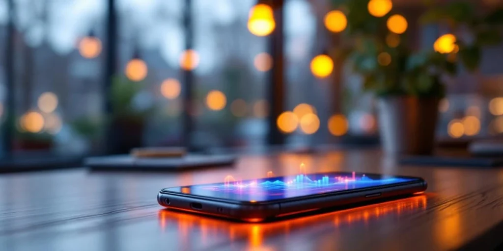 Smartphone toont kleurrijke interactieve advertentie op bureau in Nederlands kantoor met grachtenhuizen op achtergrond