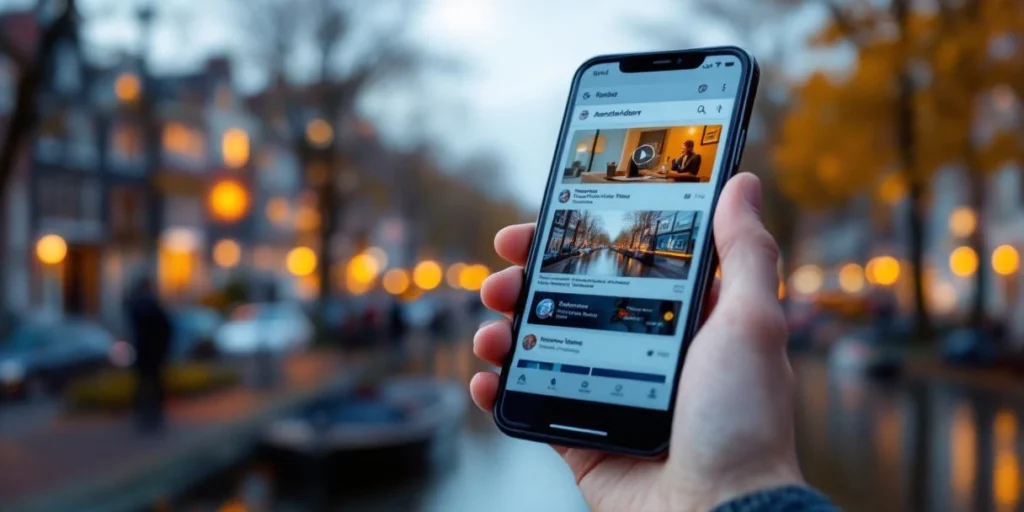 Smartphone met interactieve display advertenties tegen Amsterdam grachtenhuizen achtergrond
