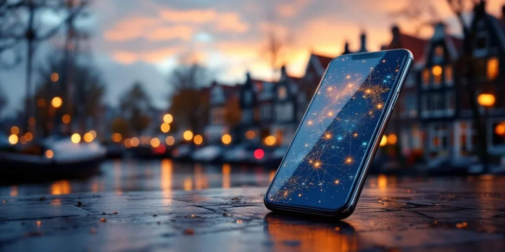 Moderne smartphone met digitale advertenties zweeft boven Nederlandse grachtenhuizen in warm avondlicht