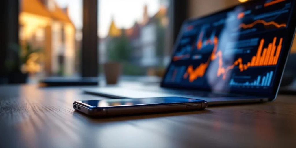 Smartphone met kleurrijke display advertenties op Nederlandse kantoorbureau met analytics grafieken op laptop achtergrond