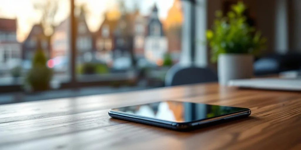 Smartphone met kleurrijke display advertenties op houten bureau in Nederlands kantoor met grachtenhuizen op achtergrond