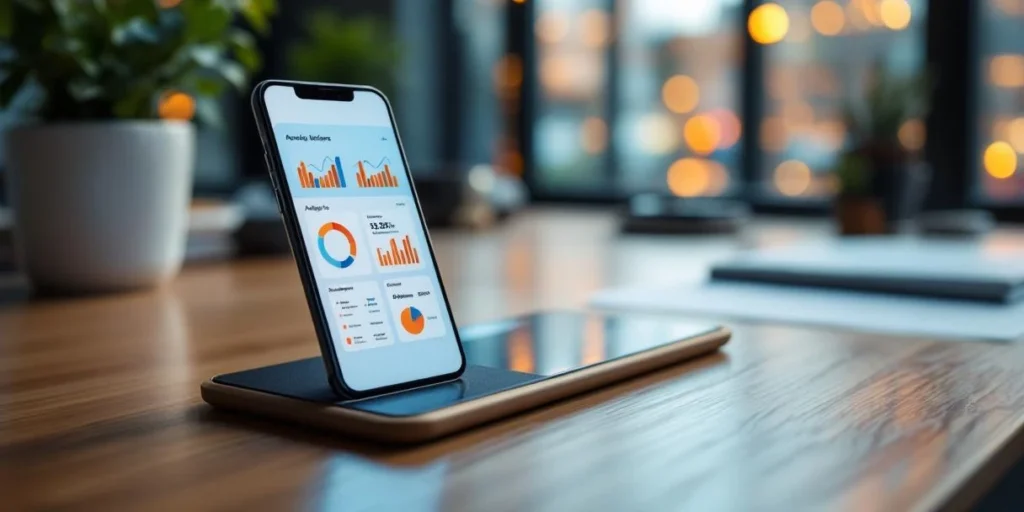 Smartphone met kleurrijke analytics dashboards op houten bureau in Nederlands kantoor met koffiekop en daglicht