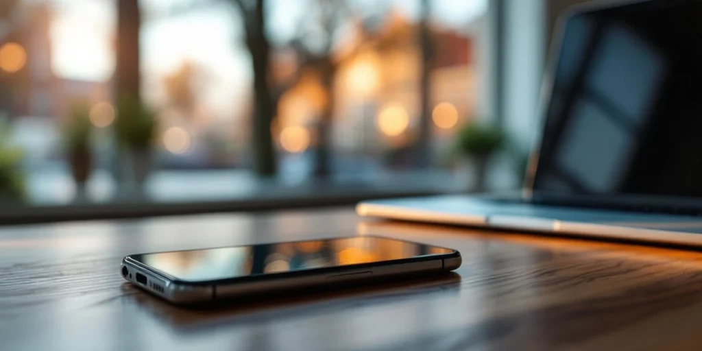 Smartphone met kleurrijke display advertenties op houten bureau naast laptop, Nederlandse grachtenhuizen op achtergrond