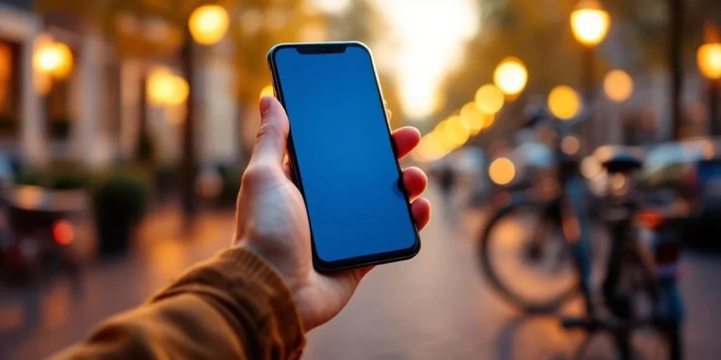 Smartphone met kleurrijke advertenties in Nederlandse hand, met grachtenpanden en fietsen op de achtergrond