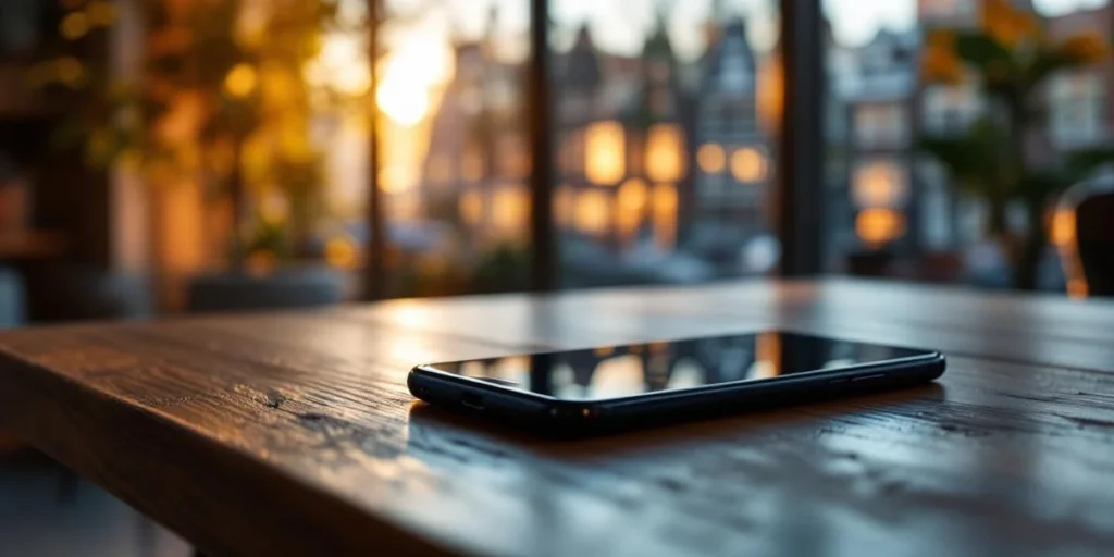 Smartphone met gesplitst scherm toont lichte en donkere modus op houten bureau in Amsterdam kantoor met grachtenhuizen