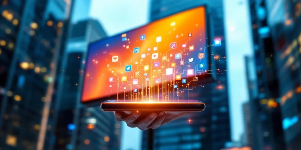 Smartphone met sociale media-iconen en datastromen verbonden met digitaal billboard in moderne stedelijke omgeving