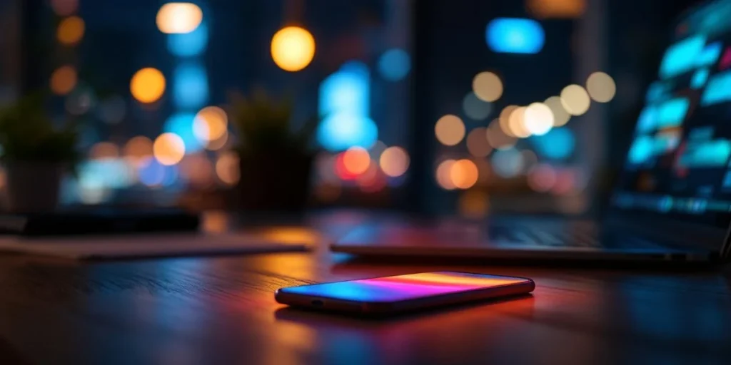 Smartphone toont e-commerce website op Nederlands kantoorbureau met laptop, projecteert kleurrijke advertenties in lucht