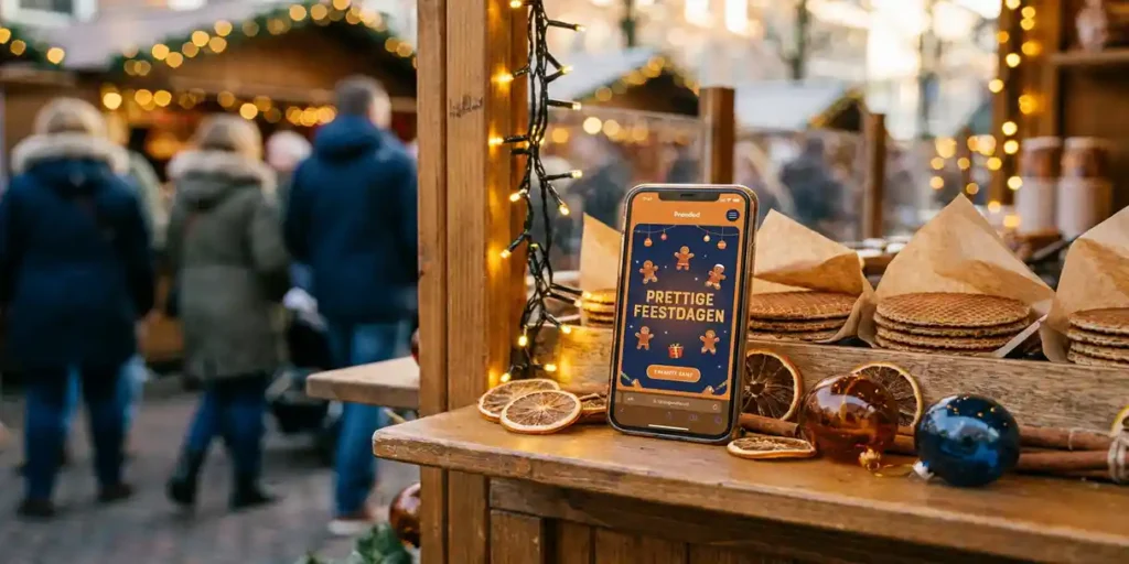 Smartphone met feestelijk branded game-interface op een Nederlandse kerstmarkt, omringd door stroopwafels en oranje decoraties in warm amberkleurig licht.