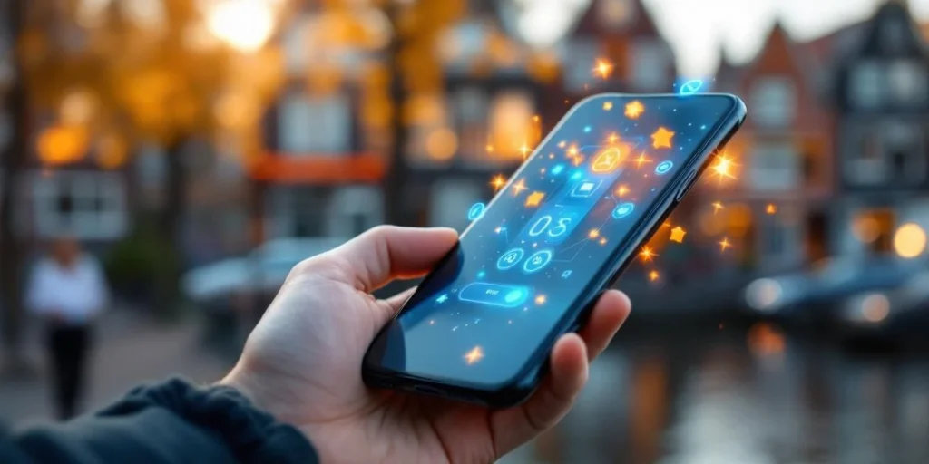 Smartphone met zwevende gamified advertenties en interactieve elementen, Nederlandse grachtenhuizen op achtergrond