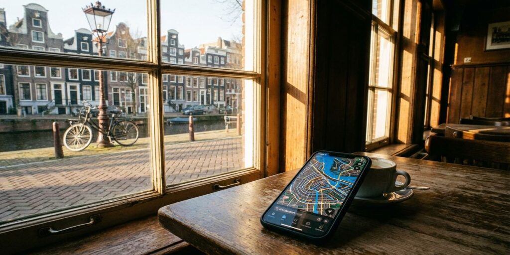 Smartphone met kaartweergave op café tafel met Amsterdamse grachtenhuizen en fiets op keienstraat op achtergrond