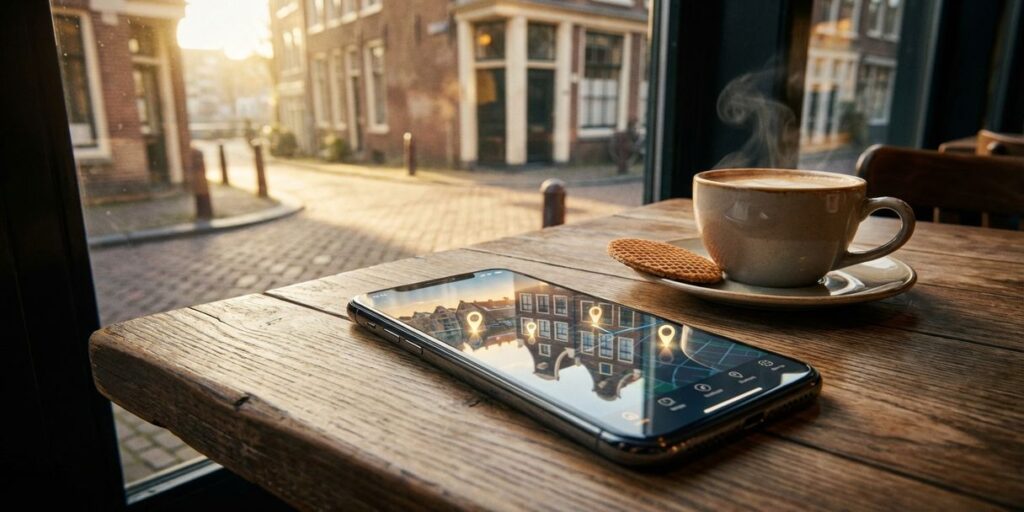 Smartphone met digitale kaart op houten cafétafel naast koffie en stroopwafel, Amsterdamse grachtenhuizen op achtergrond
