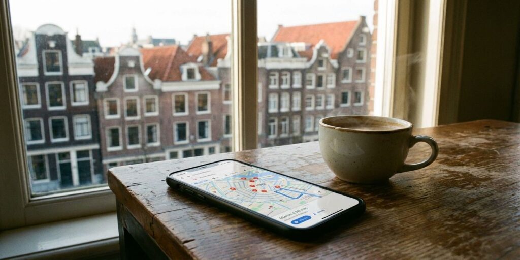 Smartphone met kaart en locatiepinnen op houten tafel naast koffiekopje, Nederlandse grachtenpanden op achtergrond
