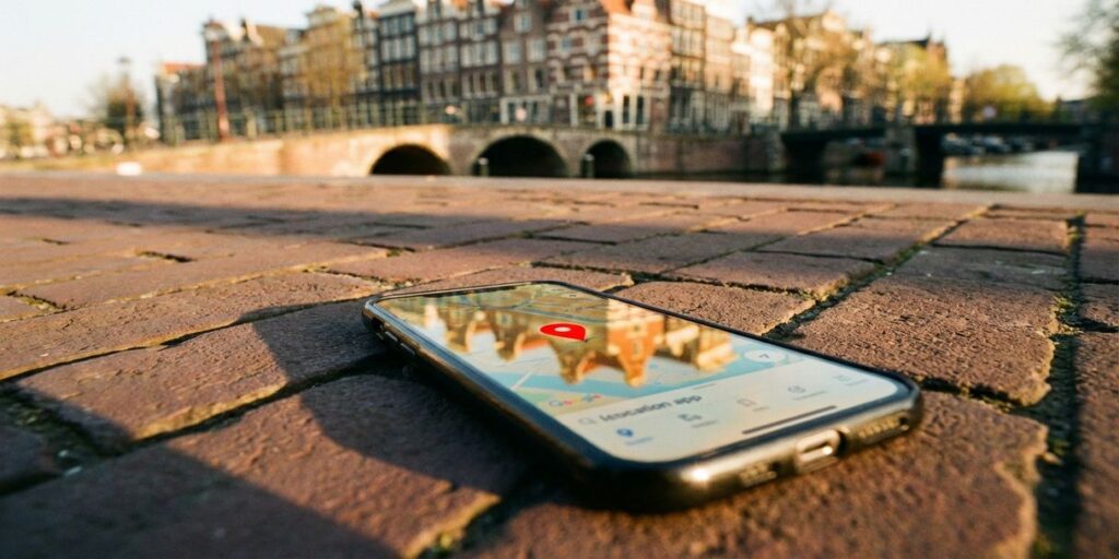 Smartphone met locatie-app op Nederlandse bakstenen straat, Amsterdamse grachtenpanden weerspiegeld in scherm