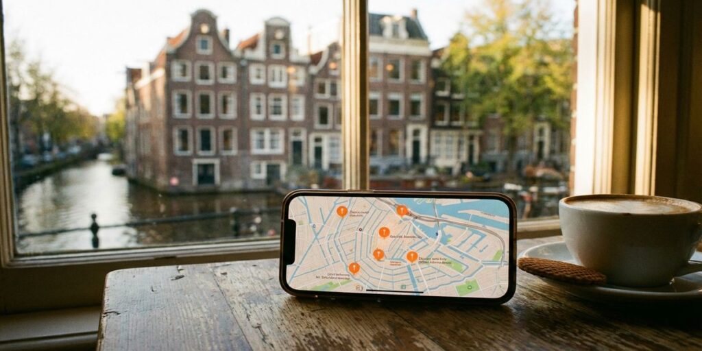 Smartphone met bedrijfskaart op houten tafel in Amsterdam café, grachtenpanden op achtergrond, koffie en stroopwafel erbij
