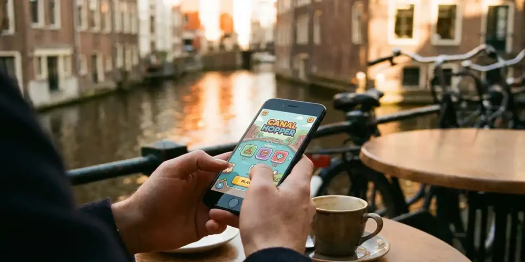 Handen houden smartphone met kleurrijk mini-game-interface boven een zonnig Amsterdams terras aan de gracht, warm oranje middaglicht.