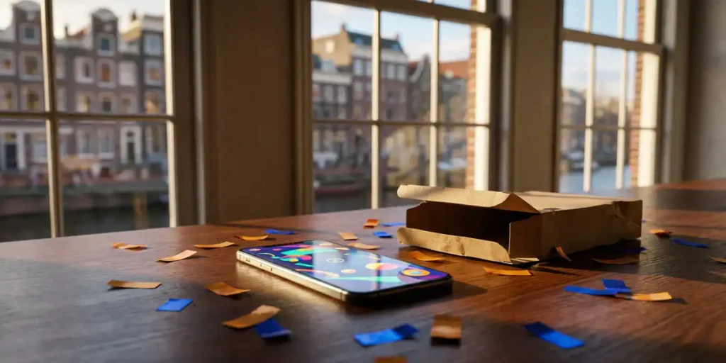 Smartphone met branded mini-game interface op productlanceringstabel, omgeven door confetti en uitgepakt doosje, Amsterdamse grachtenpandvensters op de achtergrond.