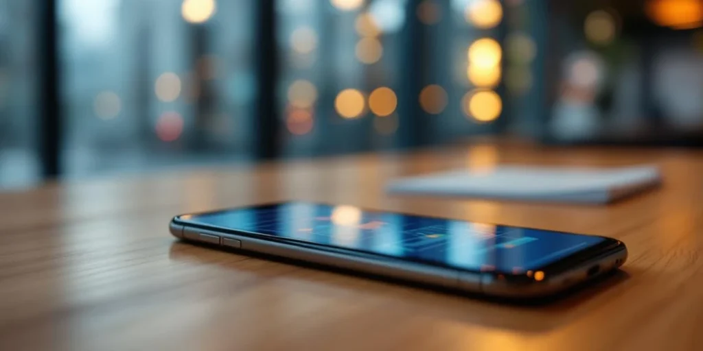 Smartphone op houten bureau toont kleurrijke mobiele advertenties, met Nederlandse kantooromgeving op achtergrond