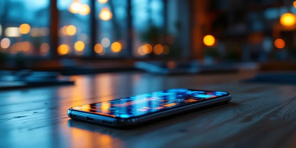 Smartphone met kleurrijke overlappende advertenties op houten bureau, Nederlandse kantoorgebouwen op achtergrond