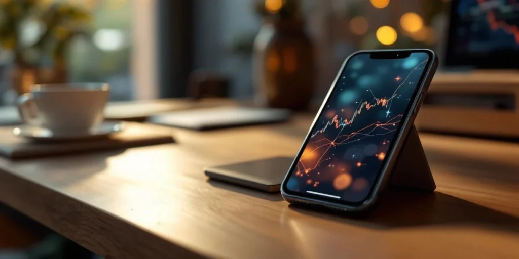 Smartphone met mobiele advertenties op houten bureau in Nederlandse kantooromgeving met koffiekop en notitieblok