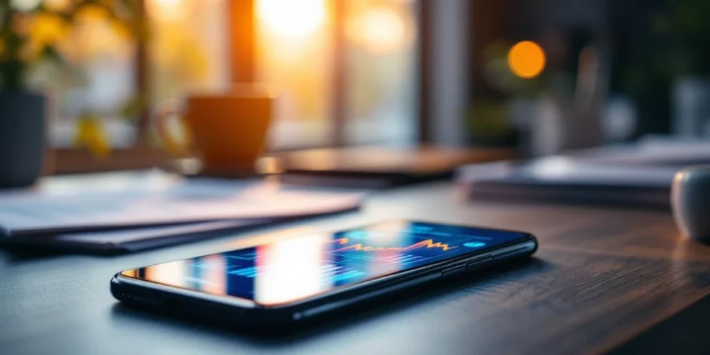 Smartphone met kleurrijke data-analyses op scherm ligt op Nederlands bureau met koffiekop en documenten