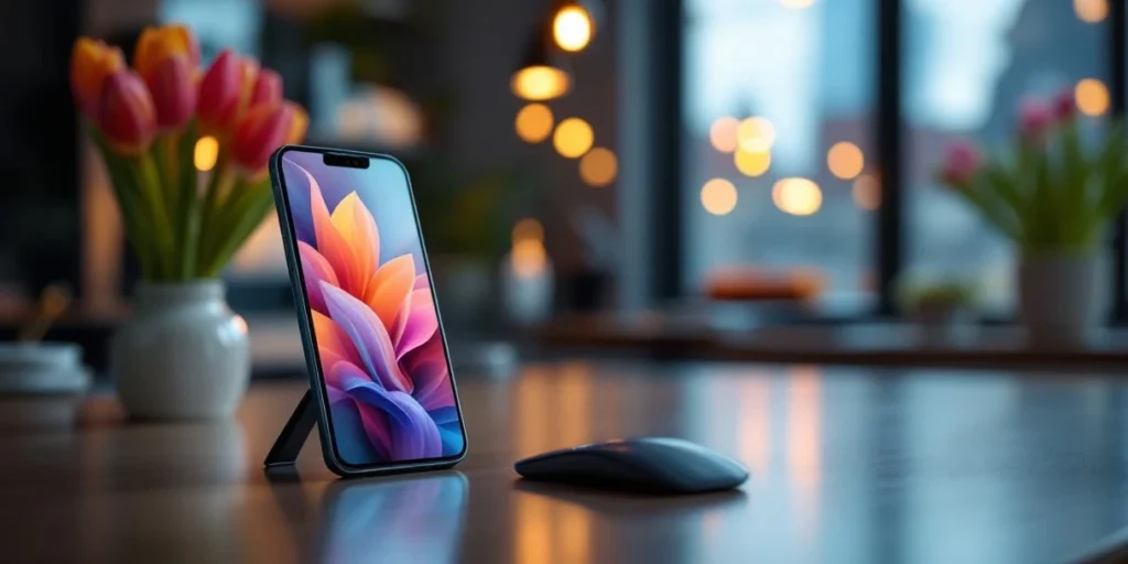 Smartphone met kleurrijke mobile display banners op bureau in Nederlandse kantooromgeving met tulpen en moderne architectuur