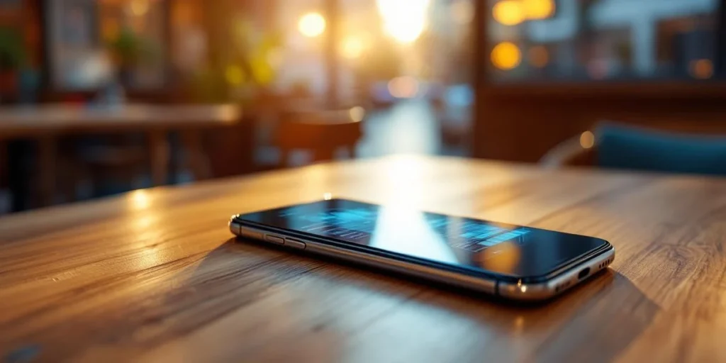 Smartphone met kleurrijke advertenties op houten tafel in Nederlands café met digitale marketing elementen