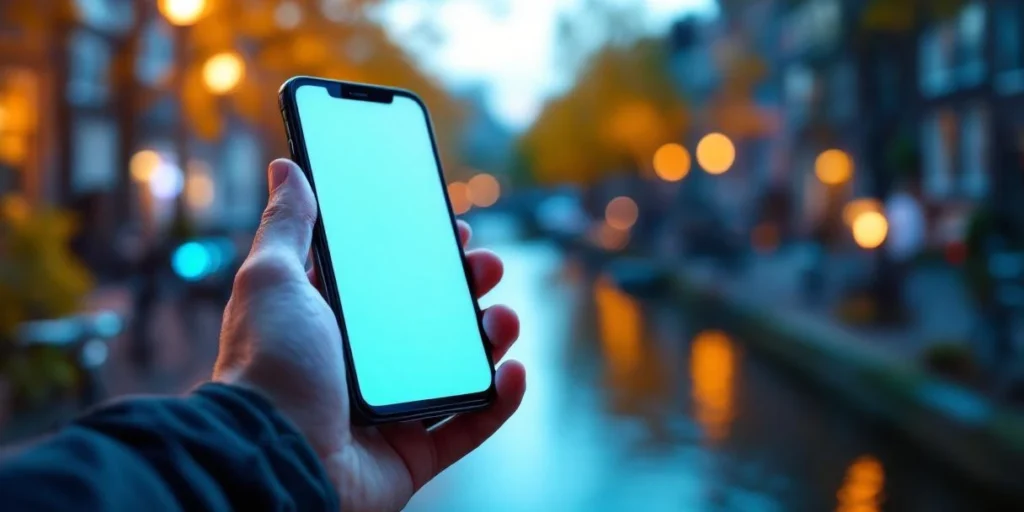 Smartphone met kleurrijke advertentie-notificaties in hand, met Amsterdamse grachtenhuizen en fietsen op achtergrond