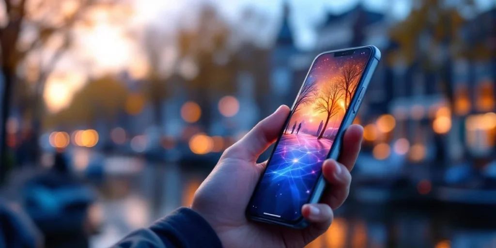 Smartphone met kleurrijke displayadvertenties en zwevende merklogo's, Amsterdam grachtenhuizen op achtergrond