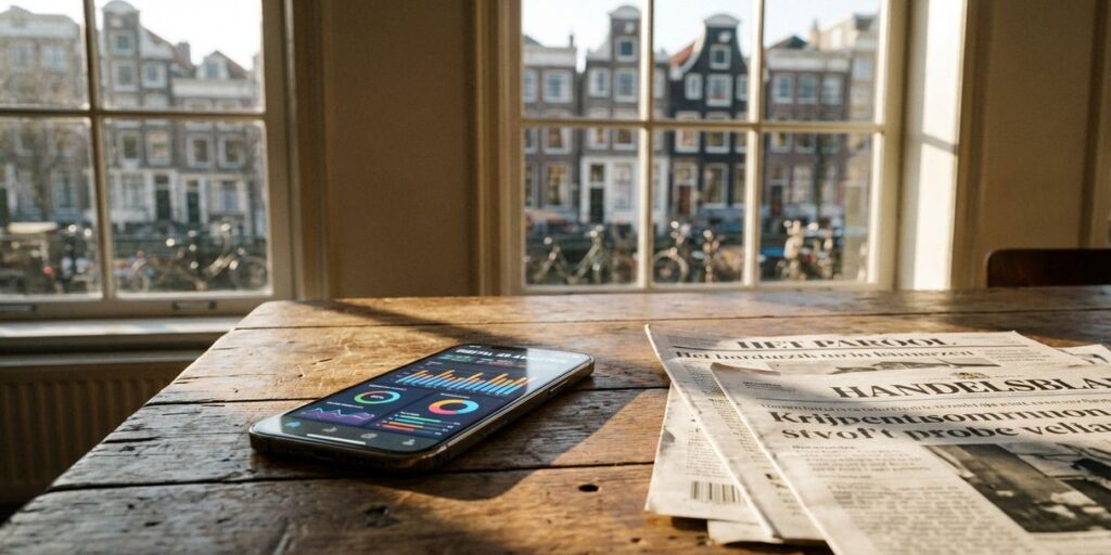 Smartphone met kleurrijke digitale advertentie-analytics op houten bureau naast krantenknipsels, Nederlandse grachtenhuizen op achtergrond