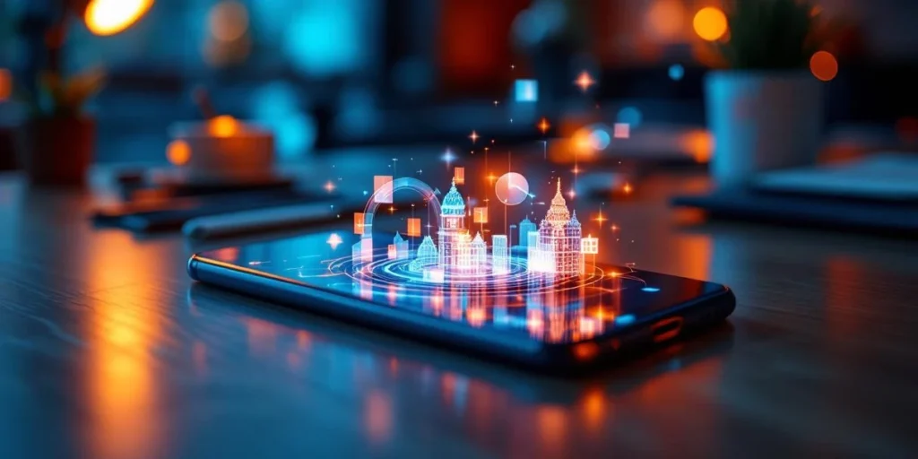 Smartphone met holografische advertentie-elementen op Nederlands bureau, Amsterdamse grachten op achtergrond
