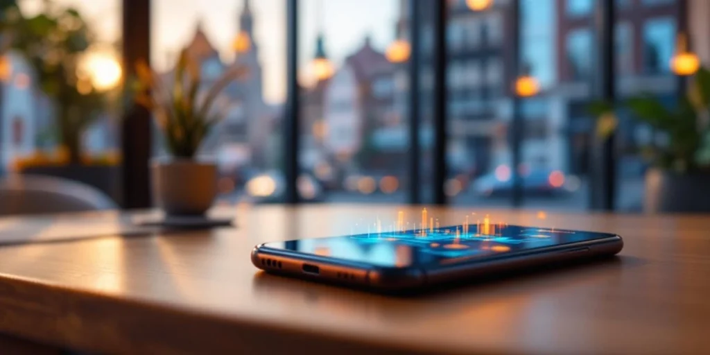 Smartphone met kleurrijke advertenties op scherm in modern Nederlands kantoor met holografische data-elementen