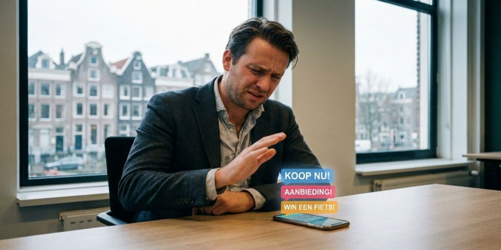 Gefrustreerde professional met smartphone vol reclamenotificaties op bureau in Amsterdam kantoor