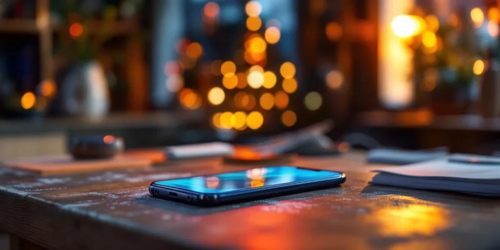 Smartphone met kleurrijke seizoenscampagne op houten bureau in Nederlands kantoor met architectuur op achtergrond