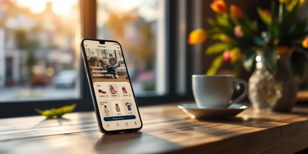 Smartphone met interactieve shoppable advertentie op scherm, op houten bureau met tulpen en koffie in Nederlandse setting
