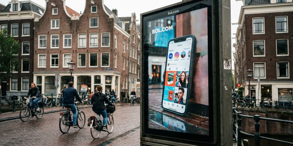Smartphone met sociale media tegen digitaal reclamebord op drukke Amsterdamse straat met fietsers en voetgangers