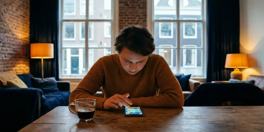 Persoon in Amsterdams grachtenpand verdiept in smartphonegame, dampende koffie onaangeroerd, bakstenen muren en warm amberkleurig licht.